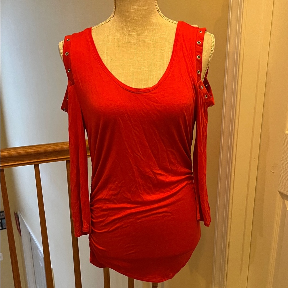 Jennifer Lopez Red Cold Shoulder Blouse